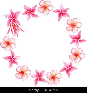 Pinkfarbener Plumeria-Blumenkranz. Handgemalt in Aquarell. Ideal für Spa-Branding, tropische Reiseverpackungen, Sommerhochzeitdekor, Textildesign Stockfoto