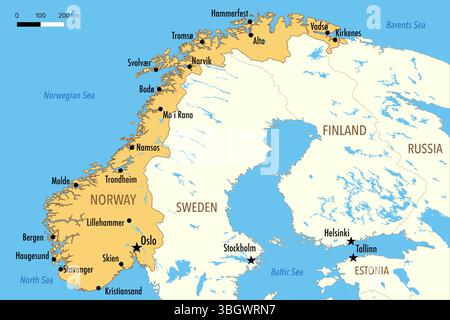 Karte von Norwegen mit großen Städten und Nachbarländern Stockfoto