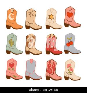 Illustration verschiedener westlicher Cowboystiefel mit einzigartigen verspielten Motiven wie Sternen, Herzen, Kakteen, Blumen und mehr Stock Vektor
