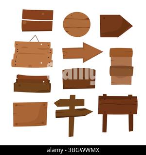 Set aus Holzschildern und -Dielen in verschiedenen Formen. Flache Ausführung isoliert auf weißem Hintergrund. Stock Vektor
