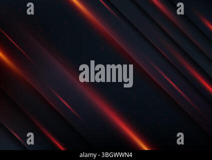Dunkler abstrakter Hintergrund mit diagonalen schwarzen Streifen und leuchtend rot-orange Lichtstreifen, futuristisches Technologiekonzept mit winzigen roten Partikeln Stock Vektor