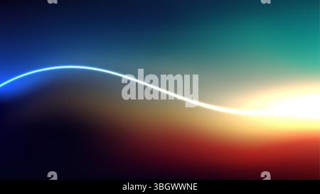 Abstrakter verlaufender Hintergrund mit einer leuchtend gekrümmten weißen Linie, die tiefe Blau-, Petrol- und warmes Orange-Rot-Töne vermischt. Lebendiges, modernes Design mit einem Stock Vektor