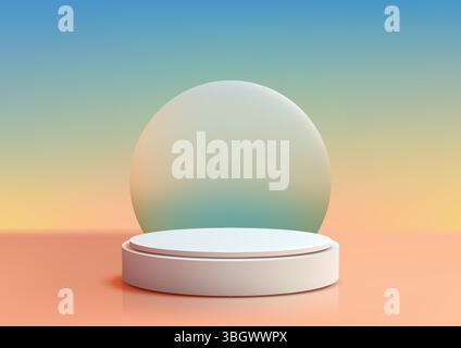 Modernes, weißes, kreisförmiges Podium in 3D-Optik auf einer hellorangefarbenen Oberfläche mit einem leuchtenden Farbverlauf, der Blau-Grün-Gelb-Hintergrund verbindet, Produktmockup oder -Show Stock Vektor