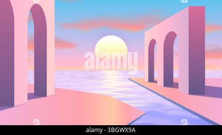 Vaporwave surreale Landschaft mit pinkfarbenen Bögen und Sonnenuntergang über ruhigem Meerwasser in Pastelltönen Stock Vektor