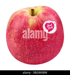 Apple Pink Lady und Etikett isoliert auf weißem Hintergrund Stockfoto