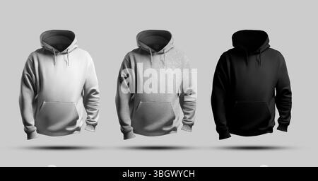 Modell aus weiß, schwarz, Heather Hoodie 3D Rendering, Vorderansicht, Sweatshirt mit Tasche, Kapuze, für Design, Branding. Set mit langen Ärmeln, Stockfoto
