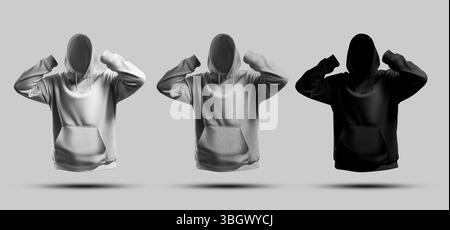 Weiß, Schwarz, übergroße Kapuzenvorlage aus Melange, 3D-Rendering, Vorderansicht, Herrenbekleidung mit Schatten, für Design, Branding. Sweatshirt. Modell Stockfoto