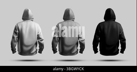 Modell aus weißem, schwarzem 3D-Rendering-Hoodie mit Melange, Rückansicht, Langarm für Herren für Design, Muster und Branding. Sweatshirts, isoliert auf dem Rücken Stockfoto