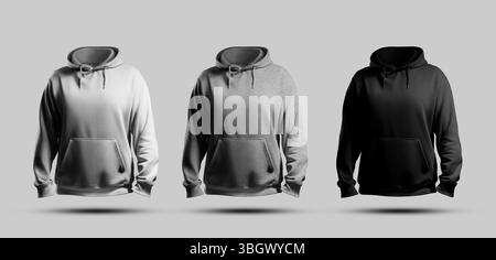 Modell aus weißem, schwarzem 3D-Rendering-Hoodie mit Melange, Vorderansicht, Herren-Sweatshirt für Design, Aufdruck, Branding. Set lange Ärmel, isoliert auf Hintergrund Stockfoto