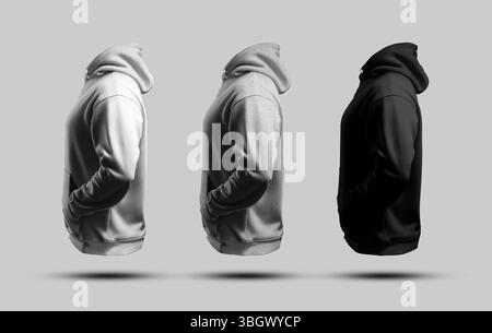 Vorlage für weißes, schwarzes, übergroßes 3D-Rendering mit Melange-Hoodie, Seitenansicht, Herrenbekleidung mit Schatten, Hände in der Tasche, für Design, Branding. Satz von Stockfoto