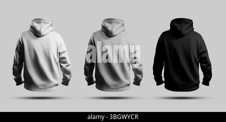 Modell aus weißem, schwarzem Hoodie in übergroßem 3D-Rendering, Rückansicht, Herrenbekleidung mit Schatten, für Design und Branding. Set Sweatshirts für adve Stockfoto