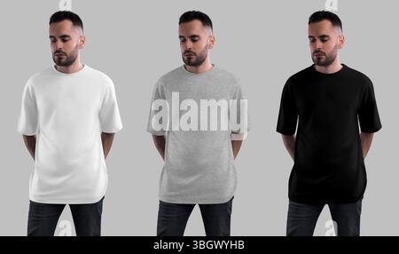 Mockup von weißem, heidekrautem, schwarzem übergroßen T-Shirt auf bärtigem Mann, Vorderansicht, isoliert auf Hintergrund. Kleidungsstück. Mode Freizeit Kleidung Vorlage Stockfoto