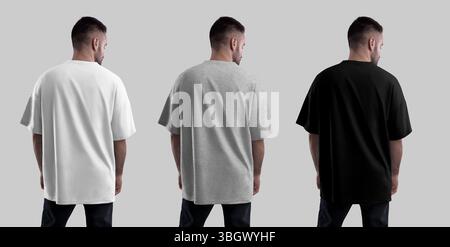 Mockup von weißem, heidekrautem, schwarzem übergroßen T-Shirt auf bärtigem Mann, Rückansicht, isoliert auf Hintergrund. Streetwear-Set. Stilvolle Freizeitkleidung Stockfoto