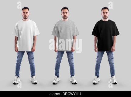 Schablonenweiß, meliert, schwarzes Oversize-T-Shirt, Rundhalsausschnitt, auf durchgehendem bärtigen Kerl, Jeans, Sneakers, Vorderansicht. Streetwear-Set, für Design, prin Stockfoto