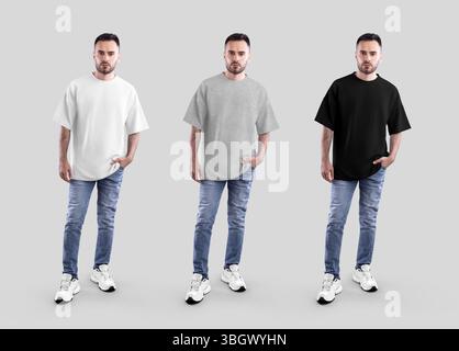 Mockup aus weißem, meliertem, schwarzem Oversize-T-Shirt, langer bärtiger Mann mit Hand in der Tasche, Jeans, Sneakers, Vorderansicht. Set Modescheiden, iso Stockfoto
