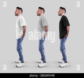 Weißes, heiteres, schwarzes, übergroßes T-Shirt-Modell, Seitenansicht, langer bärtiger Mann. Set aus lässigem Hemd auf Guy in Jeans, Sneakers, isoliert auf Backgro Stockfoto