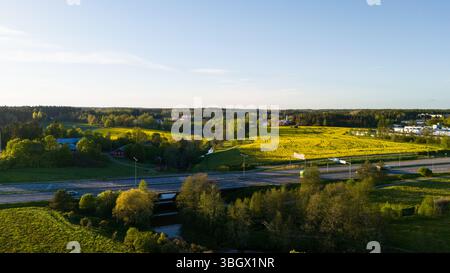 Luftaufnahme von Raisio, Südfinnland, mit blühenden Rapsfeldern Stockfoto