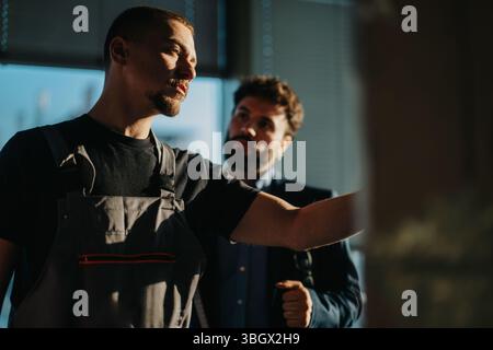 Zwei Bauarbeiter arbeiten an einem Projekt in einer modernen Umgebung zusammen Stockfoto