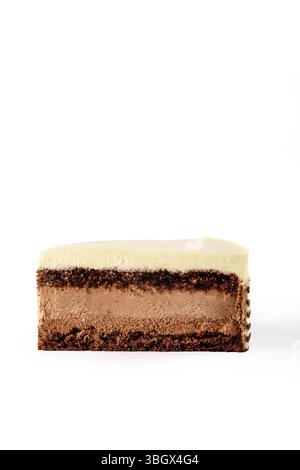 Gönnen Sie sich einen köstlichen Schokoladenkuchen, der wunderschön mit cremigem Zuckerguss garniert wird Stockfoto