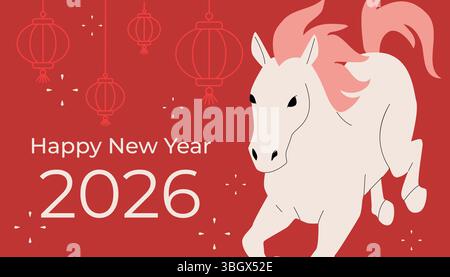 Creme-Pferd mit rosa Mähne läuft auf rotem Hintergrund, umgeben von hängenden Laternen, weißem Konfetti und Neujahrstext. Sauberer, flacher Stil, feierlich Stock Vektor