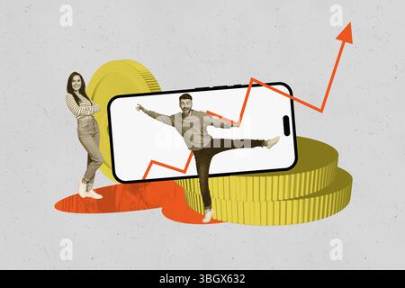 Foto Collage Trend Vorlage Smartphone Display Pfeil nach oben Münzen Lächeln junge Dame Mann Stand nationale Wirtschaft Investition Handel Krieg Markt Stockfoto
