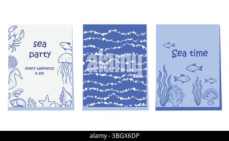 Set mit Meeresmotiven mit verspielten Meerestieren, Korallen- und Wellenmustern. Enthält Poster für Meeresparty und Meereszeit in blau handgezeichnet Stock Vektor