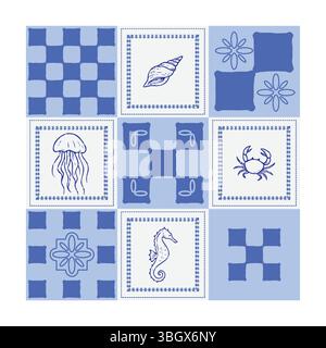 Handgezeichnete Illustration von nautischen Fliesen mit Meeresbewohnern, Muscheln, Quallen und Meeresmotiven in Blautönen. Perfekt für Sommer, Meer oder Strand Stock Vektor