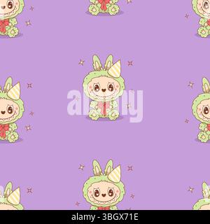 Nahtloses Muster mit niedlichem Monster Spielzeug Labubu in Geburtstagshut auf lila Hintergrund. Comic lustiger Plüschzahner Kawaii-Fantasy-Charakter. Vektorillust Stock Vektor