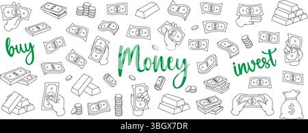 Modellstruktur für Dollarscheine festgelegt. Fliegende Bargeld, Banknoten, Geldstapel, Dollarscheine, Goldmünzen und Barren. Geldinvestition. Bargeldpapierwährung. Stock Vektor