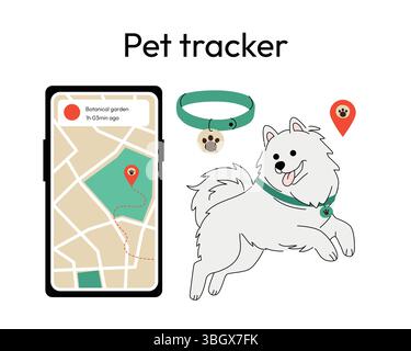 PET-Tracking-System mit einem glücklichen Samoyed-Hund mit GPS-Halsband, einem Smartphone mit einer App zur Standortverfolgung und Kartenmarkierungen. Haustiersicherheit Stock Vektor