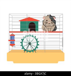 Illustration eines Meerschweinchens in einem geräumigen Käfig mit einer Wasserflasche, einem Übungsrad und einem kleinen Haus. Konzept für die Tierpflege, Kleintierlebensräume Stock Vektor