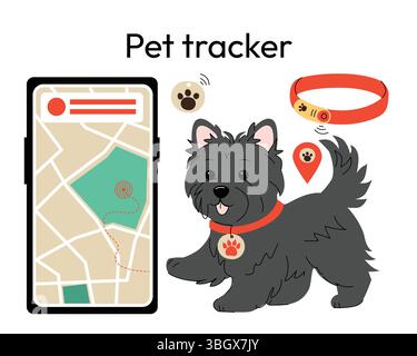 PET-Tracking-System mit einem Hund mit einem intelligenten GPS-Halsband, einer Tracking-App auf einem Smartphone und Positionssymbolen. Sicherheit und moderne Technik Stock Vektor