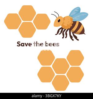 Illustration von Bienen mit Wabenmuster und die Meldung Save the Bees.Concept for Bienenschutz, Umweltschutz und Bestäuber Stock Vektor