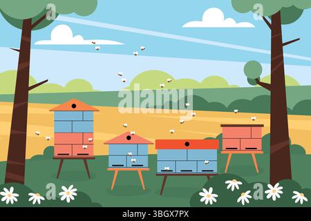 Illustration eines friedlichen Bienenhauses mit bunten Bienenstöcken auf einer Wiese, umgeben von Bäumen, Blumen und fliegenden Bienen. Konzept für die Imkerei Stock Vektor