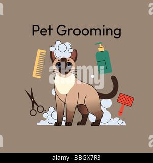 Eine stilvolle Illustration einer siamesischen Katze, umgeben von lebenswichtigen Haustierpflegemitteln wie Kamm, Schere, Shampoo und Bürste. Die Katze ist mit Seife bedeckt Stock Vektor