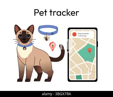 PET-Tracking-System mit einer siamesischen Katze mit GPS-Halsband, einem Smartphone, das eine App zur Standortverfolgung anzeigt, und einem Kartenmarker für moderne Haustiersicherheit Stock Vektor