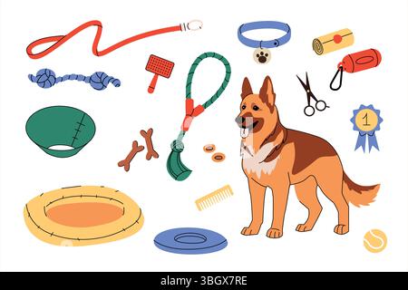 Illustration eines Deutschen Schäferhunds umgeben von Tierzubehör wie Leine, Kragen, Spielzeug, Leckereien, Pflegeutensilien, und ein Hundebett. Konzept der Hundepflege Stock Vektor