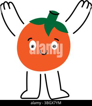 Lustige Tomatenfigur ist Hände hoch und lächelnd. Frisches Bio-Gemüse. Gesunde Ernährung. Vektorabbildung. Stock Vektor