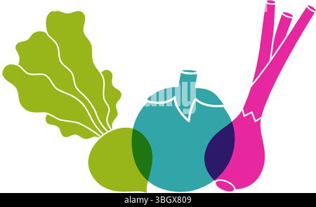 Farbsymbole für frisches Gemüse. Rüben, Tomaten, Zwiebeln. Symbol für natürliche Lebensmittel. Logotypvorlage für ökologische/biologische Betriebe. Vektorabbildung. Stock Vektor