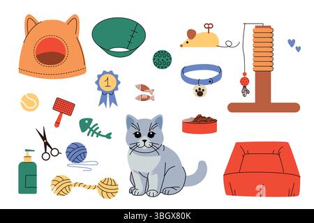 Illustration einer grauen Katze umgeben von lebenswichtigen Haustieren einschließlich Kratzbaum, Spielzeug, Pflegewerkzeuge, Futter, Betten, und Manschette. Konzept für die Katzenpflege Stock Vektor