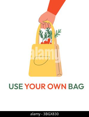 Verwenden Sie Ihre Eigene Tasche Vektor-Illustration. Wiederverwendbare Handtasche mit Gemüse, umweltfreundlicher nachhaltiger Lebensstil, kein Abfall, kunststofffrei Stock Vektor