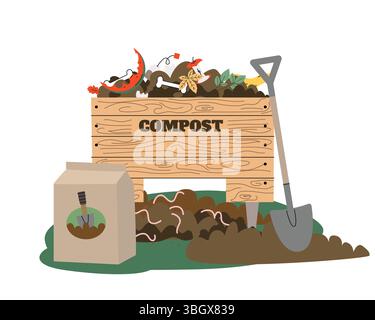 Kompostgrube zum Recycling von Müll. Holzkiste mit Kompost mit Schaufel und Bodenbeutel isoliert auf weißem Hintergrund. Biologisch abbaubarer Müll für Stock Vektor