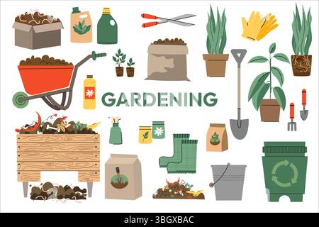 Große Auswahl an Gartenelementen und -Werkzeugen. Gartenwerkzeuge und Pflanzen in Töpfen auf weißem Hintergrund. Ausrüstungspaket für das Umtopfen von Heimpflanzen. Garten Stock Vektor