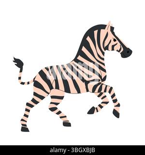 Minimalistische Illustration eines Zebras in Bewegung mit weichen beigen und schwarzen Streifen. Flacher Vektorstil, klare Linien und eine dynamische Pose auf einem weiß Stock Vektor