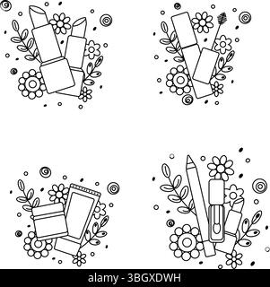 Make-up-Produkte mit Blumen und Blättern Komposition Set. Vektorgrafik-Strichdarstellung. Schwarz-weiß süße Kosmetik-Make-up-Kunst. Illustration für Stock Vektor