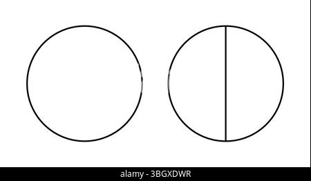 Schwarzes Liniendiagramm. Torte, Pizza, abgerundete Form, Form in 2 gleiche Scheiben geschnitten. Geteilter Kreis in zwei Segmente. Umrissstil. Stock Vektor