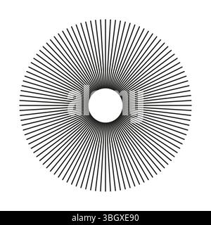 Speichengitter mit strahlenden Streifen. Sonnensterne, platzen. Kreisförmig Linien Balken. Radiale, runde Strahlungslinien. Abstrakte geometrische Musterform. Stock Vektor