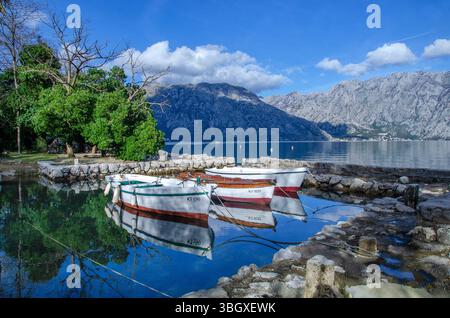 Traditionelle Fischerboote, die in einem alten Steinhafen, genannt Mula, in der Kotor Bay, Montenegro, gefesselt sind. Tradition und Kultur Stockfoto