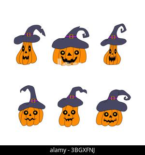 Buntes Set Kürbisse in Hüten für Halloween. Stock Vektor