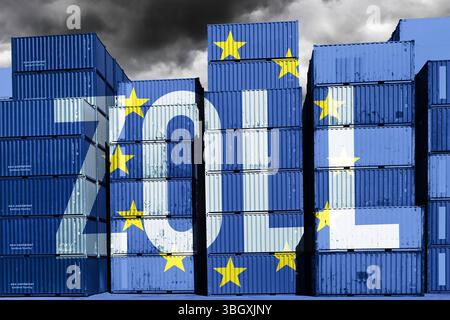 FOTOMONTAGE, Gestapelte Container mit EU-Fahne und Aufschrift Zoll, Zollerhebung für Lieferungen von Billighändlern nach Europa *** FOTOMONTAGE, gestapelte Container mit EU-Flagge und Zollaufschrift, Zölle auf Lieferungen von Billighändlern nach Europa erhoben Stockfoto